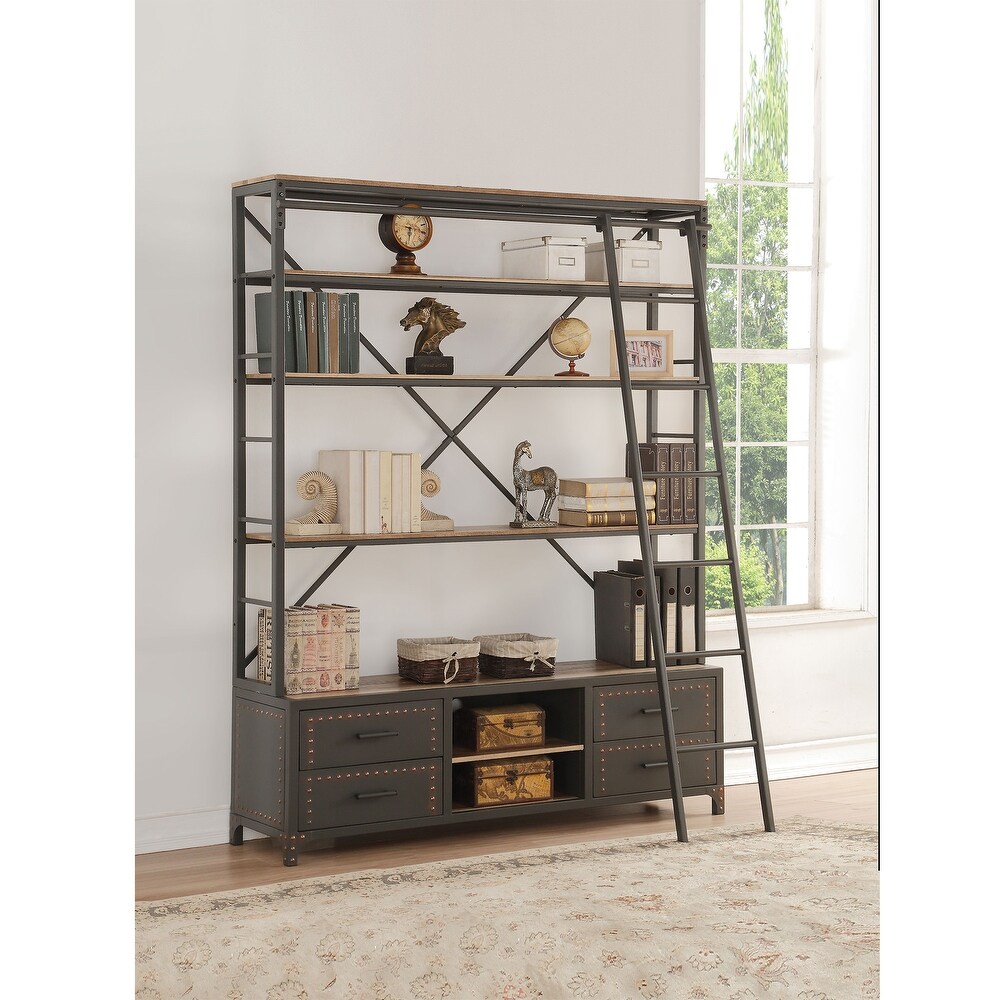 4 Tier Bookshelf  2 Open Compartment Storage Racks with Rectangular Bookshelf and Rolling Ladder