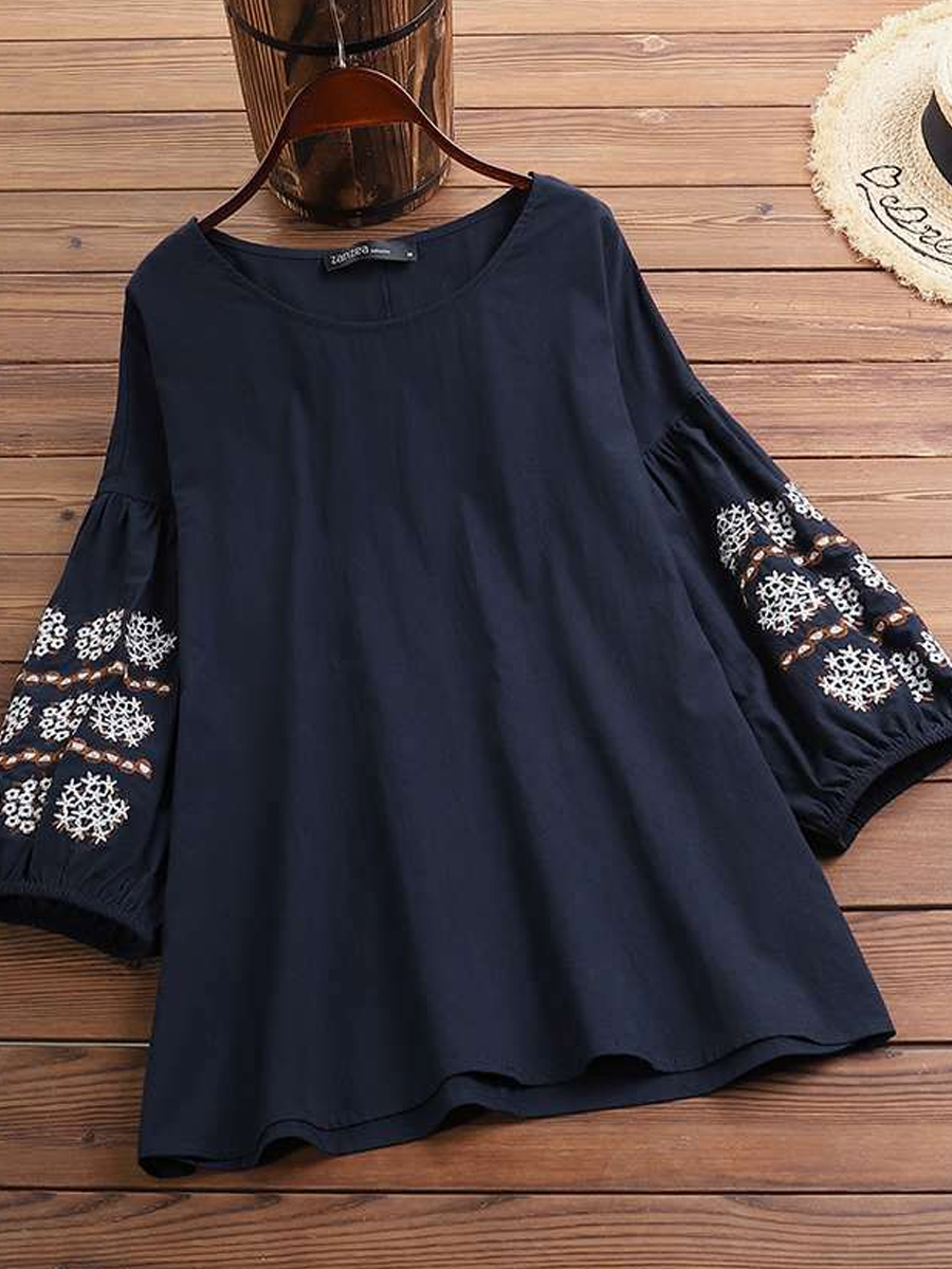 Casual Loose Embroidered Crew Neck Long Sleeve Blouse