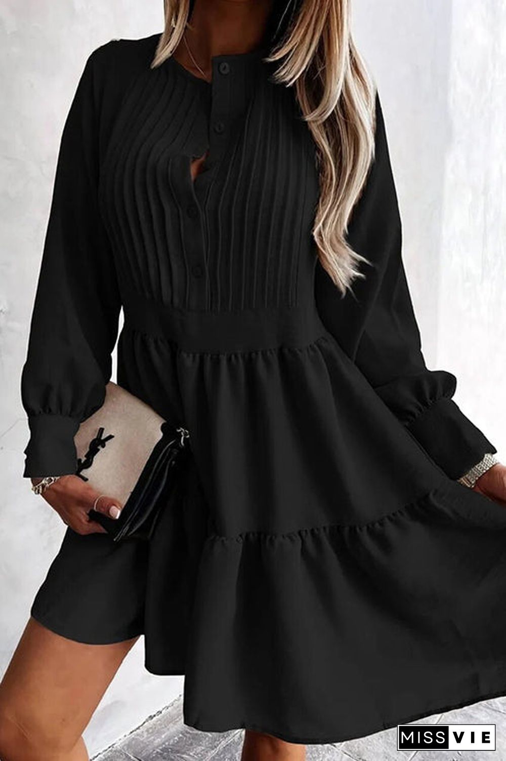 Button Layered Long Sleeve Mini Dress