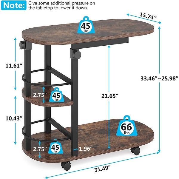 Side Table Height Adjustable C Table with Wheels， Overbed Bedside Table with Storage Shelves for Living Room Bedroom