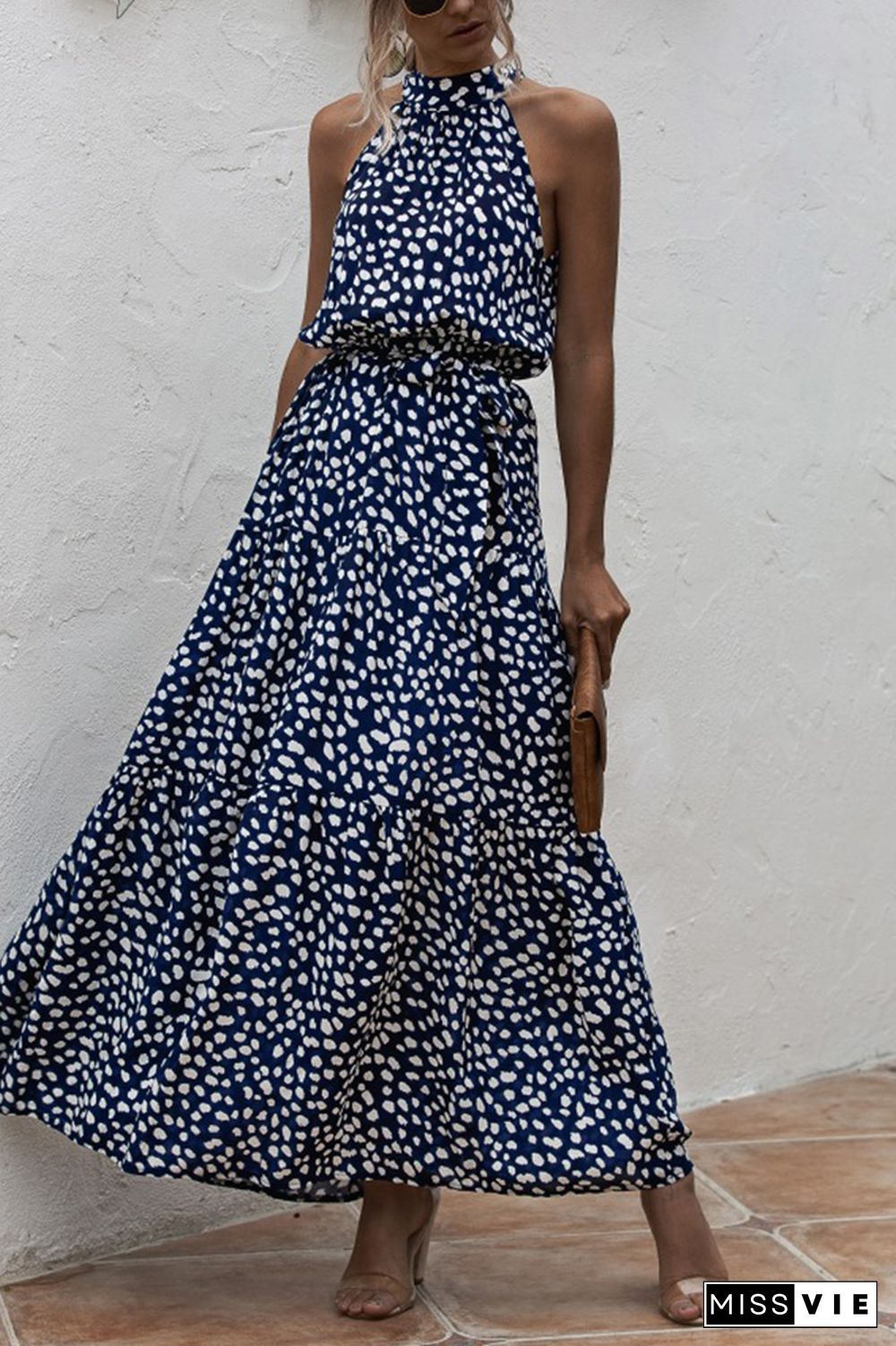 Halter Polka Dot Print Tie Waist Maxi Dress Wholesale