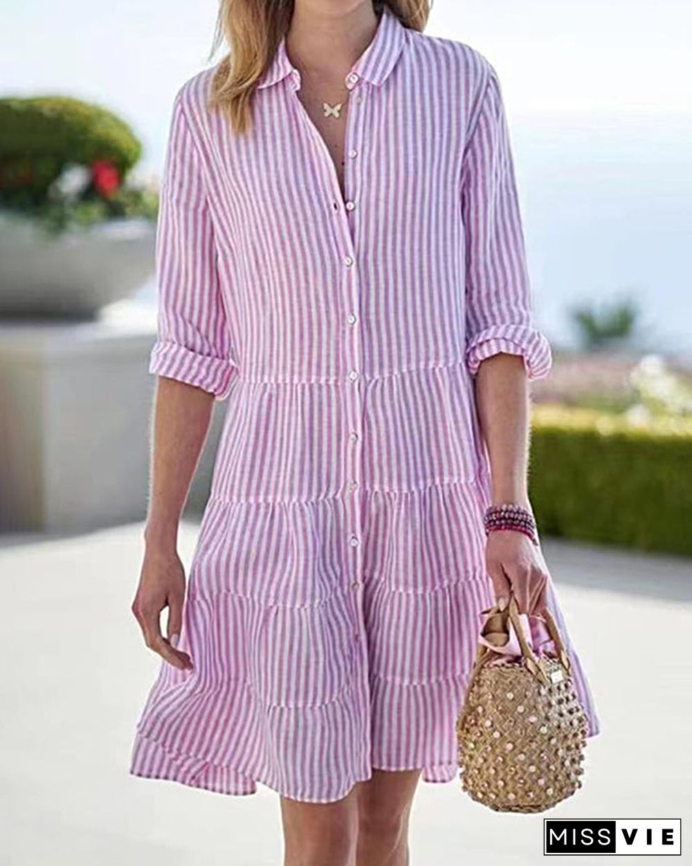 Long Sleeve Lapel Stripe Layered Panel Hem Shirt Dress