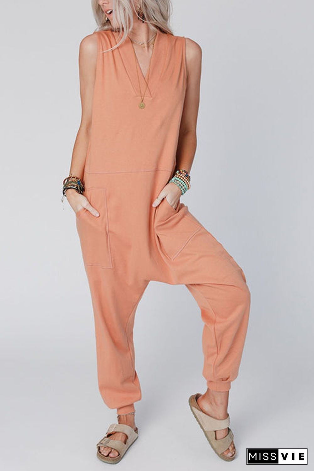 V Neck Solid Sleeveless Pocket Jumpsuit