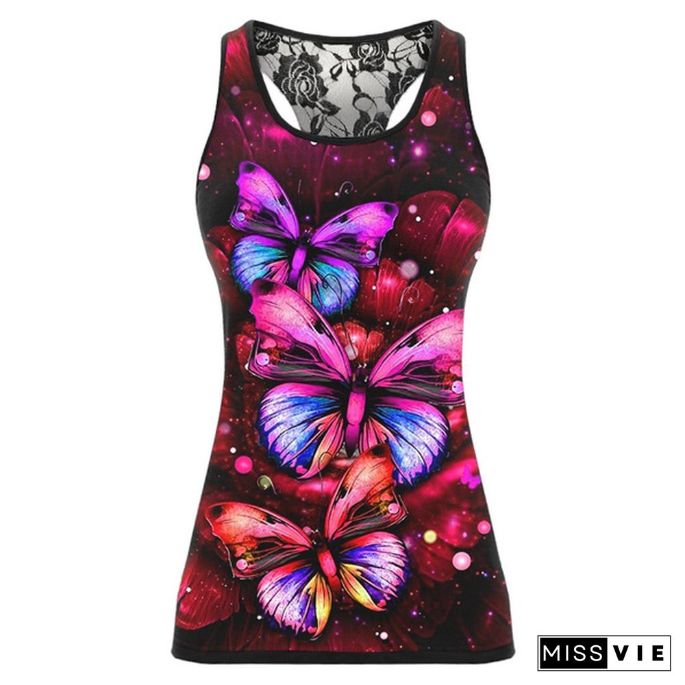 Summer Fashion Women Sleeveless Shirts 3D Butterfly Print Lace Racerback Vest Tank Tops Sports Workout Tank Tops Plus Size