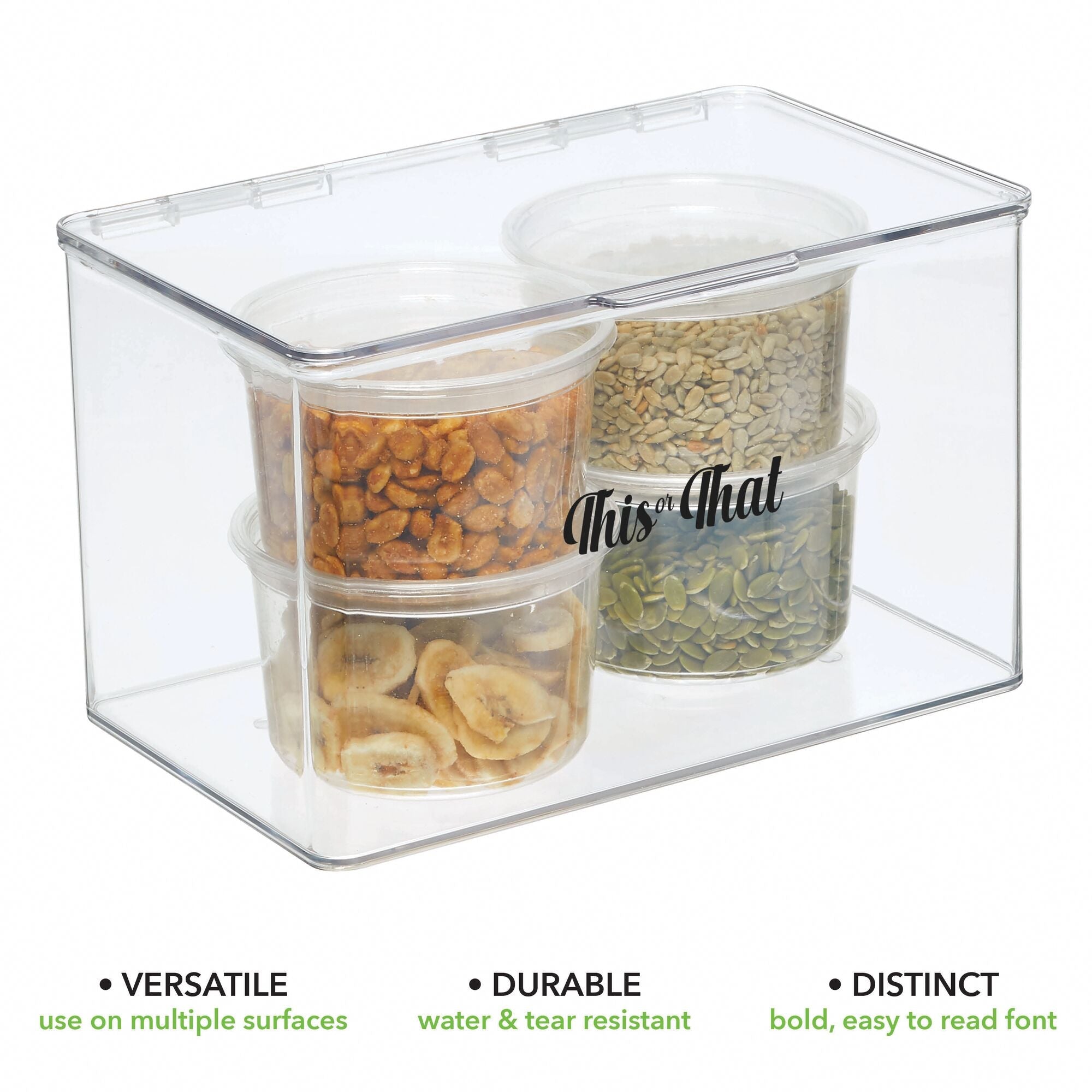 mDesign Plastic Stackable Kitchen Pantry Cabinet/Refrigerator Food Storage Container Box, Attached Lid - Organizer Bin for Coffee, Tea, Packets, Snack Bars - Pack of 4, Includes 32 Labels - Clear