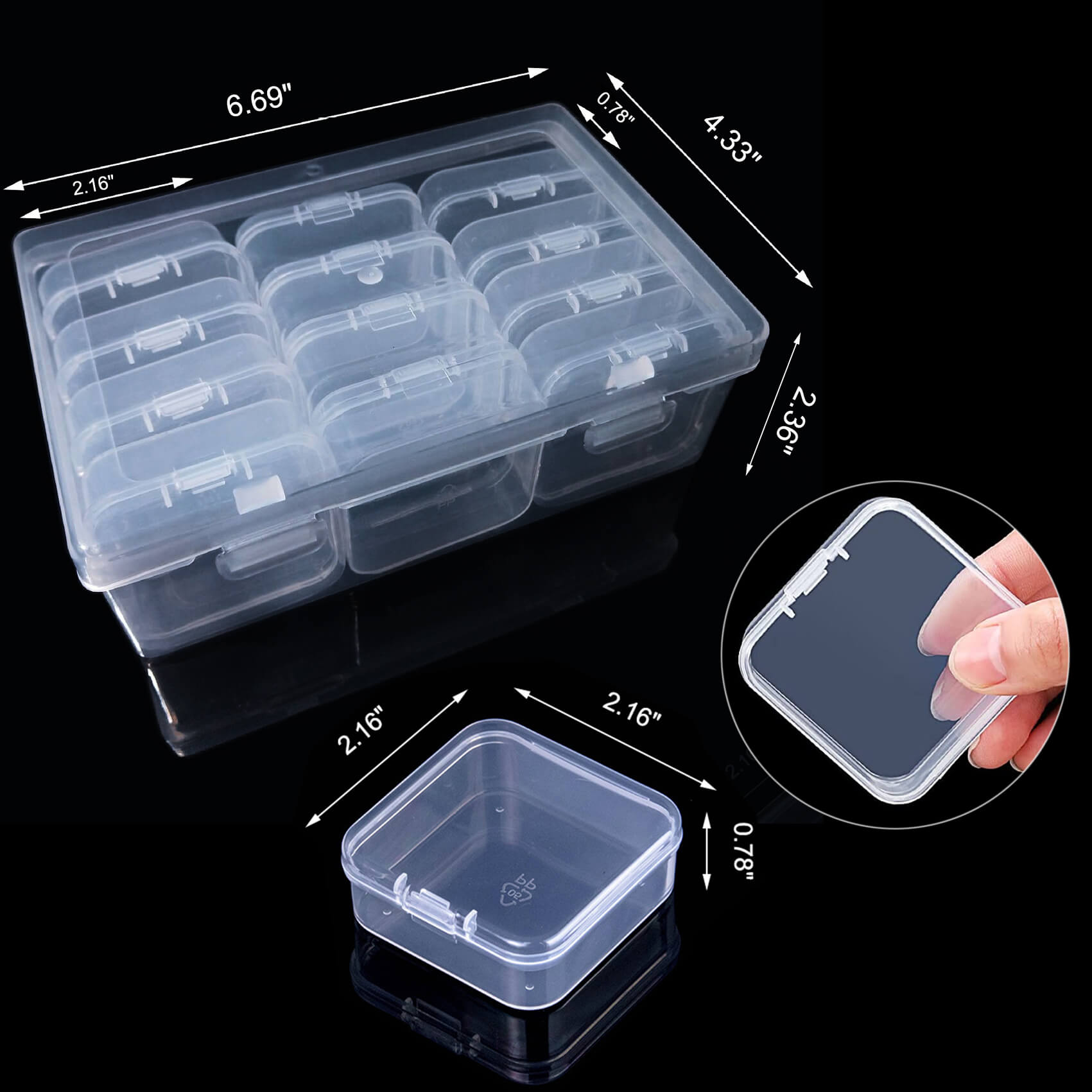 12Pcs Bead Organizer with Lid Small Transparent Plastic Craft Organizer Screw Organizer Bead Storage Small Plastic Containers with Lid for Jewelry Diamond Art, 1Pc Organizer Box with Hinged Lid