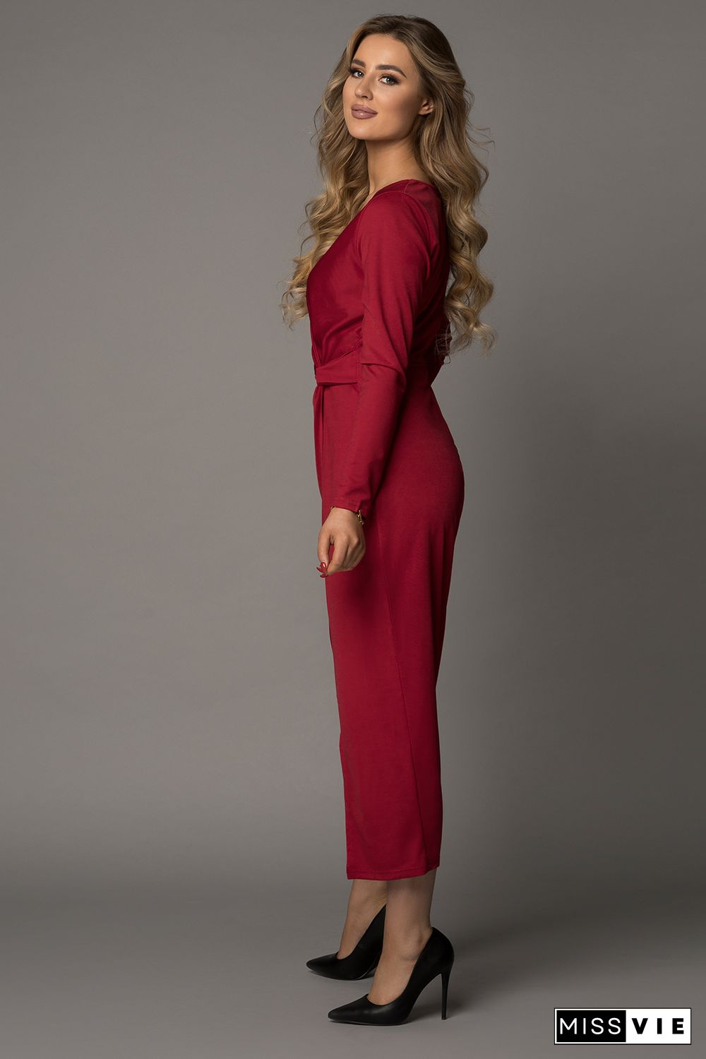 Wine Red Long Sleeve V Neck Twist Front Slit Long Dress