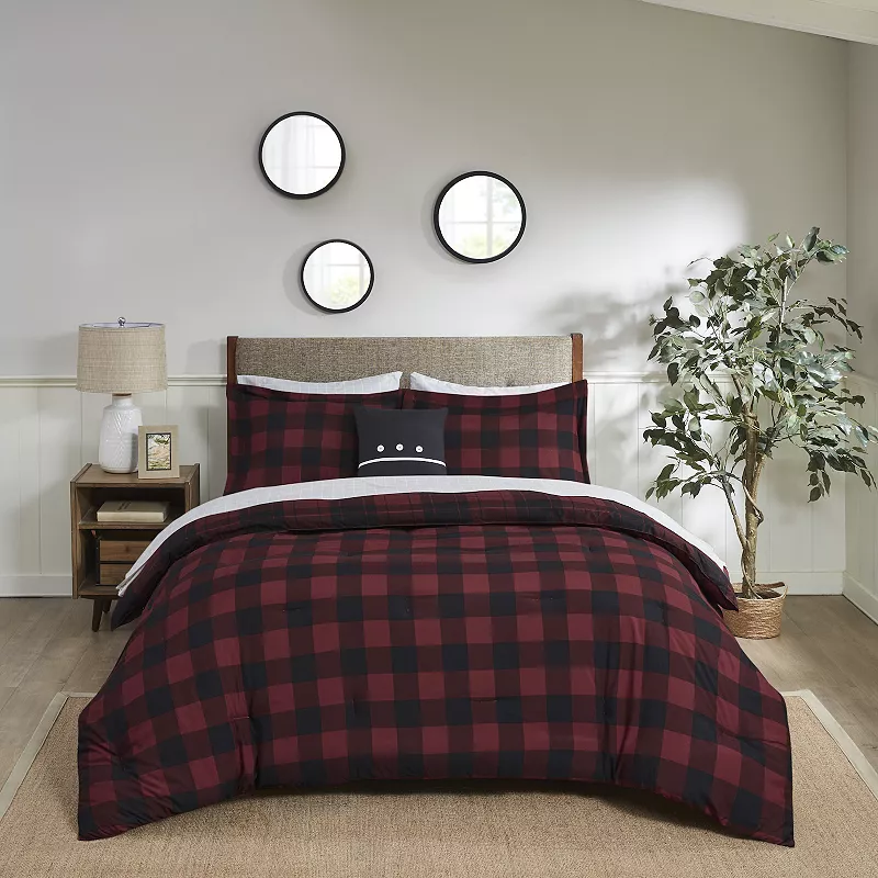 Madison Park Essentials Colebrook Reversible Red Buffalo Check Plaid Comforter Set with Sheets and Throw Pillow