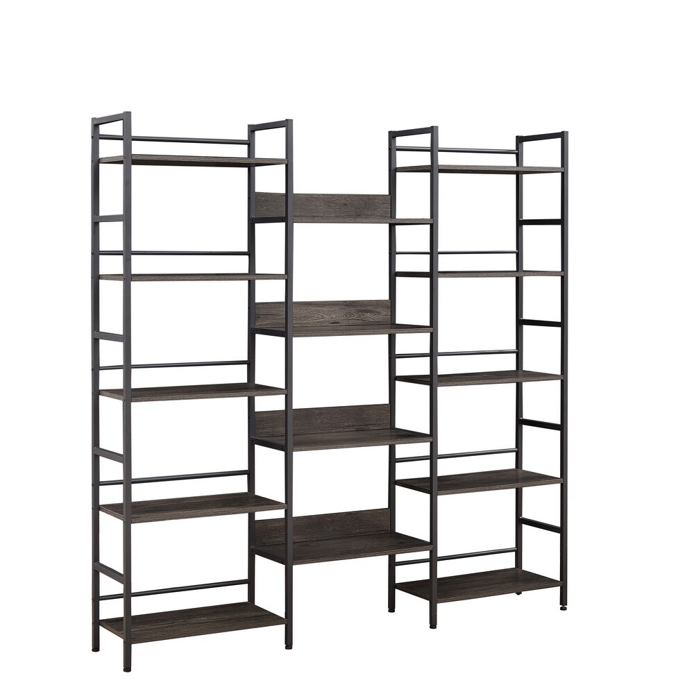 Triple Wide 5 shelf Bookshelves Retro Wooden Style Home and Office Large Open Display Shelf 69.3''W x 11.8''D x 70.1''H