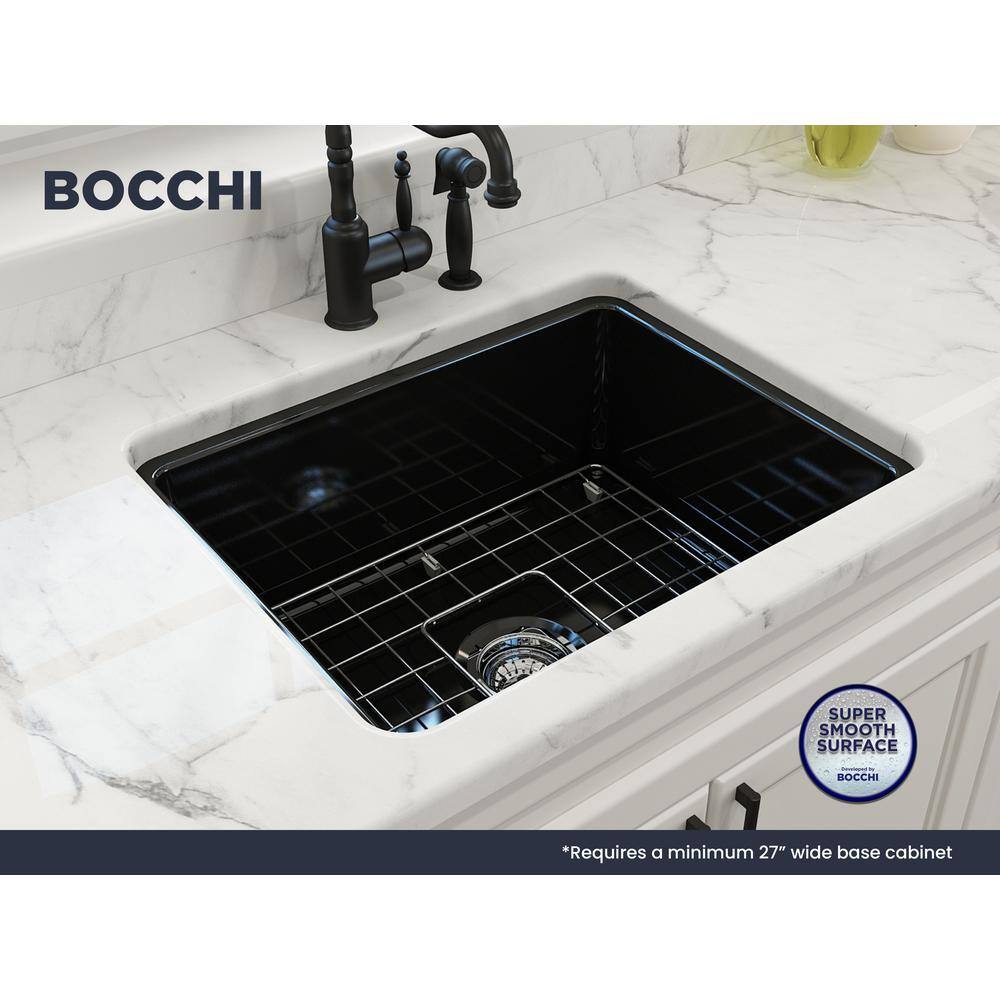 BOCCHI Sotto Black Fireclay 24 in. Single Bowl UndermountDrop-In Kitchen Sink wProtective Bottom Grid and Strainer 1627-005-0120