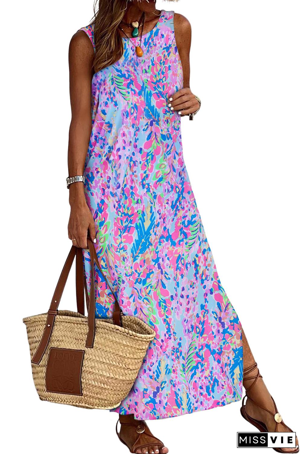 Purple Abstract Floral Print Sleeveless Maxi Dress