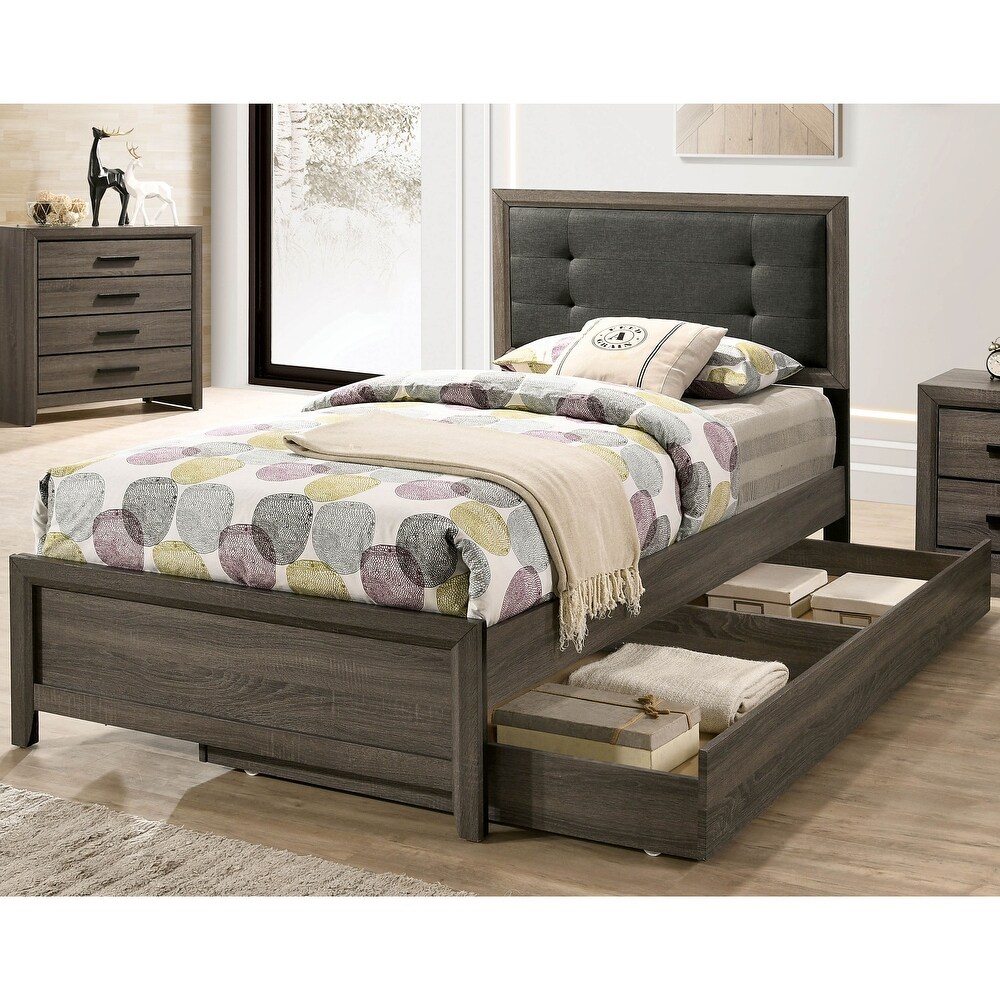 Aury Transitional Grey Wood Tufted 2 Piece Panel Bed and Trundle Set by Furniture of America