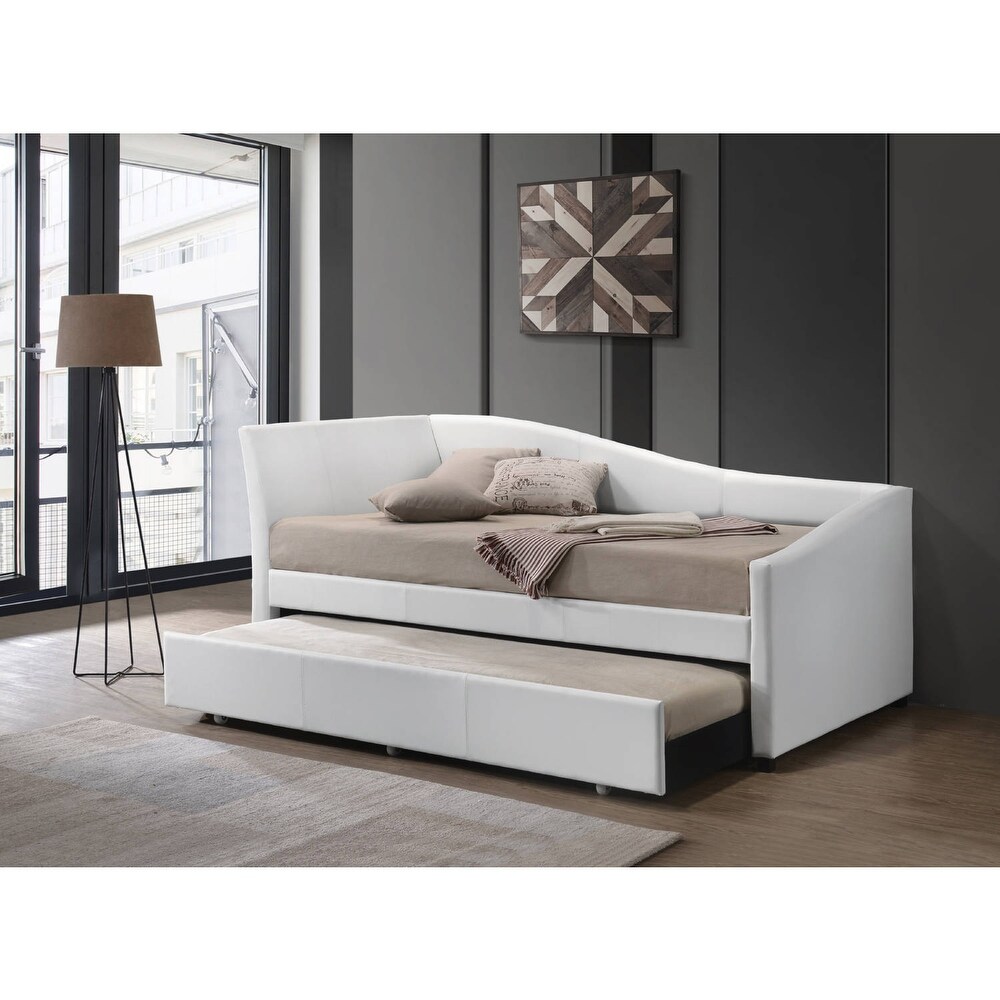 Jedda Upholstered Twin Daybed with Trundle  Sloped Back Side Panel  White PU