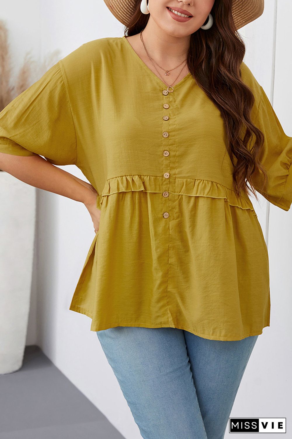 Button Down V Neck Ruffle Plus Size Top