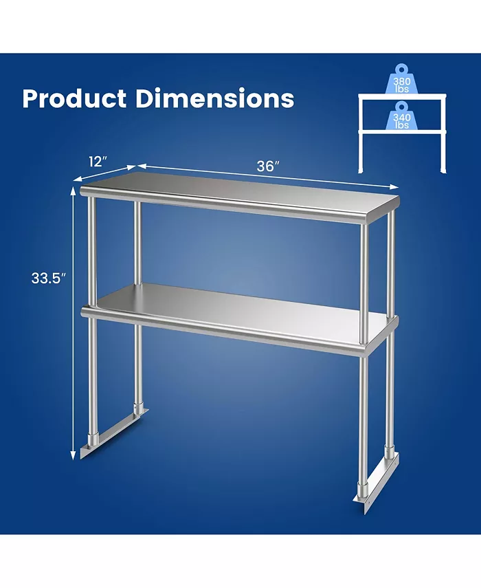 Costway 36'' 2-Tier Over shelf for Prep and Worktable Stainless Steel Adjustable Lower Shelf