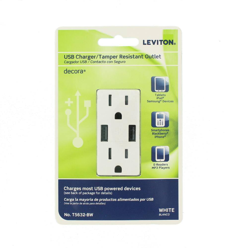 Leviton 3.6A USB Dual Type A In-Wall Charger with 15 Amp Tamper-Resistant Outlets White R02-T5632-0BW