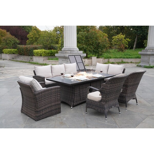 7Piece Patio Rattan Sofa Set with Alum Dining Table and Armchairs