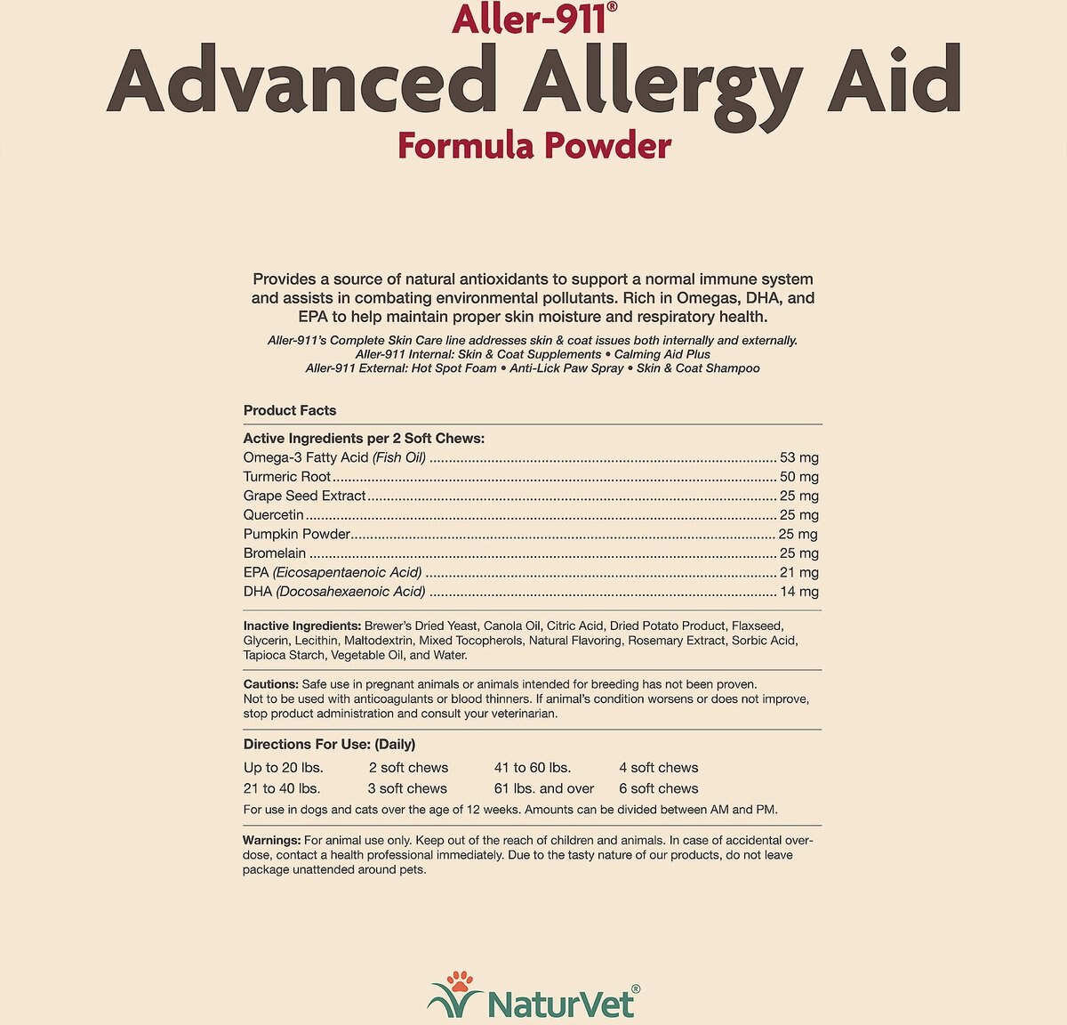 NaturVet Aller-911 Plus Antioxidants Powder Allergy and Skin and Coat Supplement for Cats and Dogs