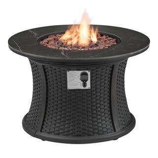 Hampton Bay 35.2 in. W x 24 in. H Round Wicker Finish Fire Table with Sintered Stone Tabletop FP58031-B