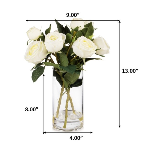 Enova Home Artificial Silk Rose Flowers in Clear Glass Vase with Faux Water for Home Office Wedding Decoration