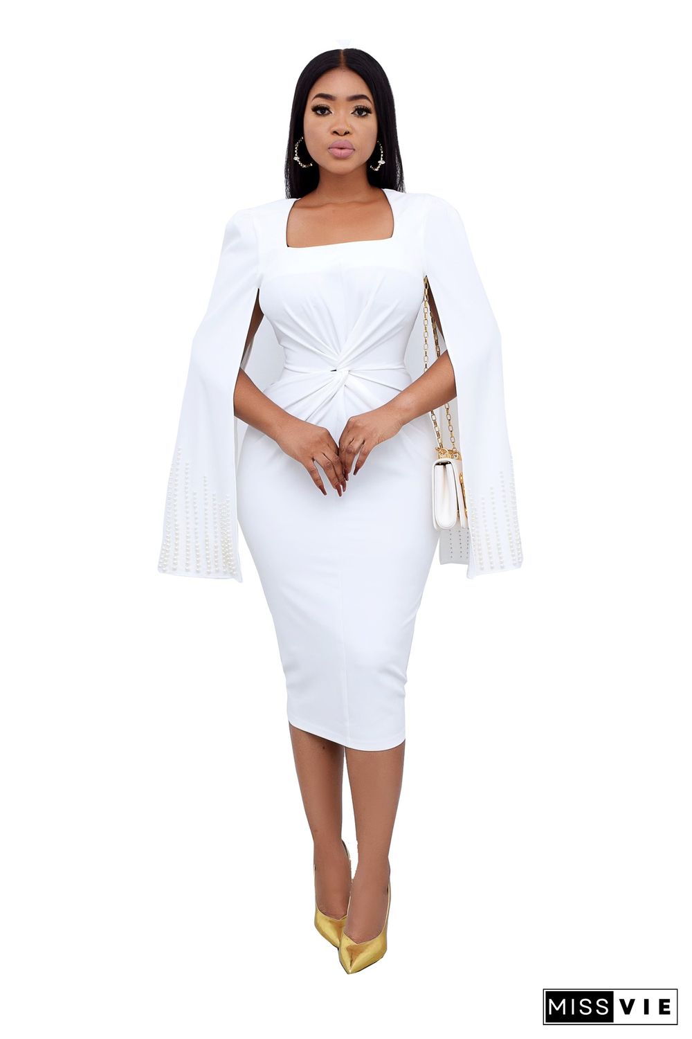 Elegant Beading Cape Sleeve Bodycon Midi Dress