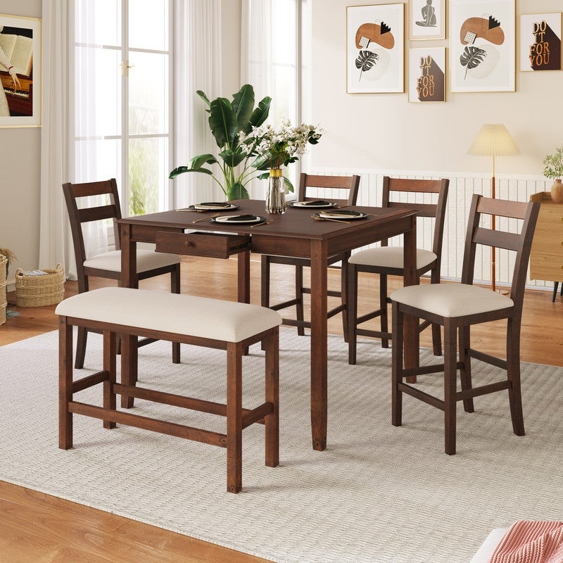 Wooden 6-piece dining table with storage drawers， counter height square kitchen with upholstered chairs and benches