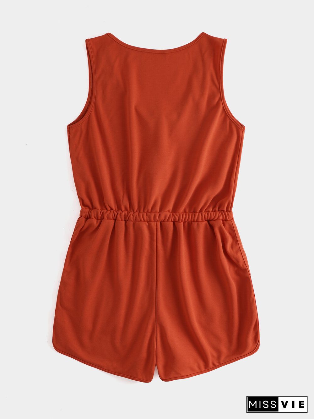 Snap Button Drawstring Front Sleeveless Romper With Pocket