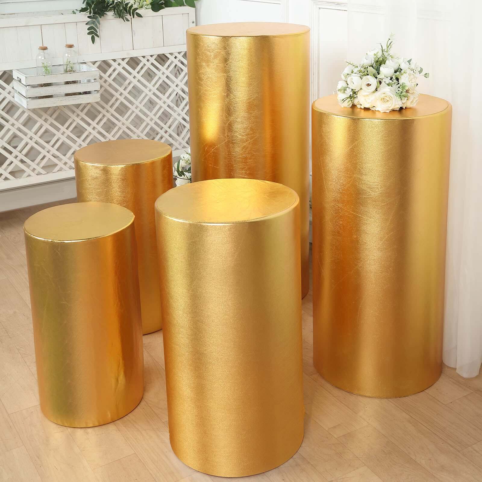 Set of 5 Metallic Gold Spandex Cylinder Pillar Prop Covers, Shiny Stretchable Pedestal Stand Covers - 130 GSM