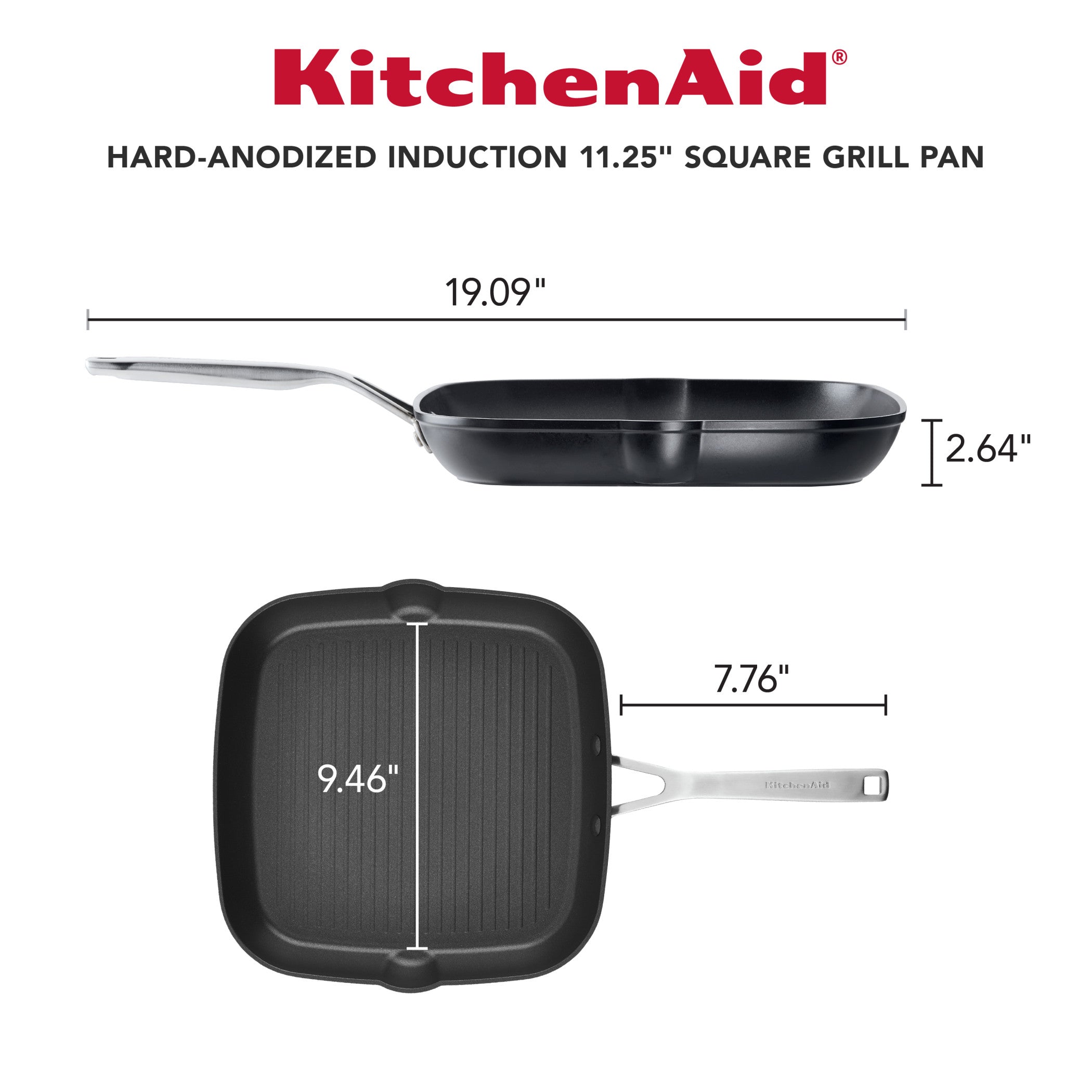 KitchenAid Hard-Anodized Induction Nonstick Square Grill Pan， 11.25 inch， Matte Black