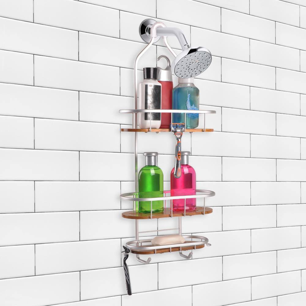 Utopia Alley Tia Over-the-Showerhead Caddy in Rustproof Satin Chrome Finish with 3 Teak Shelves SHC6TK