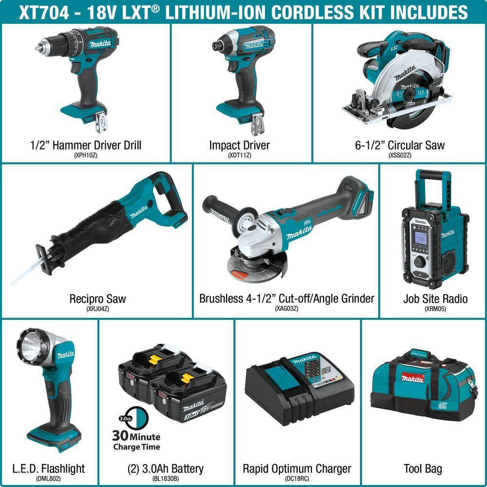 Makita 18V 3.0Ah LXT Lithium-Ion Cordless Combo Kit (7-Piece) XT704