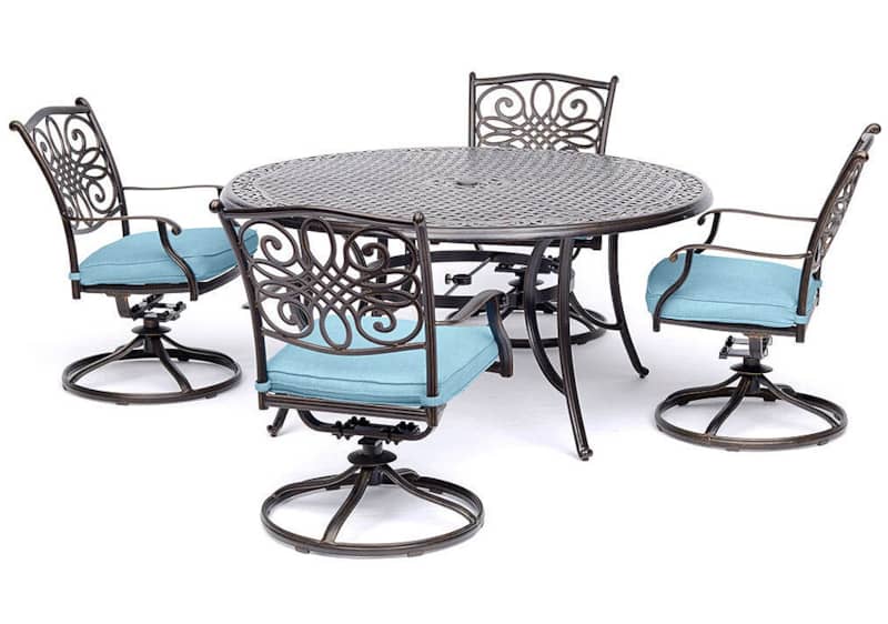 Hanover Traditions 5-Piece Outdoor Dining Set In Blue/Bronze With 4 Swivel Rockers， 48 Cast-Top Table