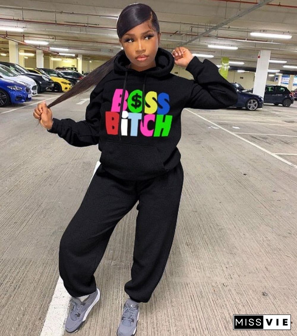 Women Print Hoodies Sweatshirt Loose Sweatpants Two Piece Set