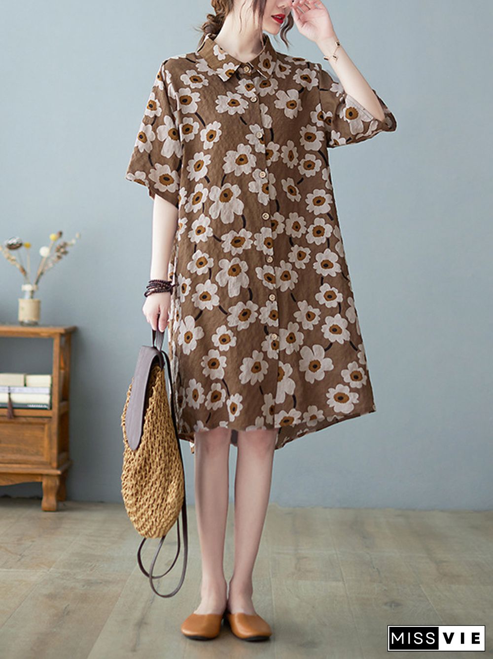 Floral Print Cotton Shirt Midi Dress