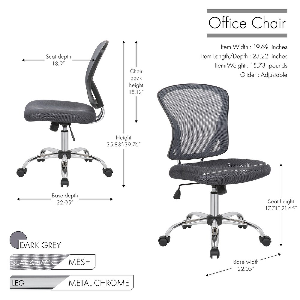 Porthos Home Cody Armless Office Chair  Mesh Back  Adjustable Height