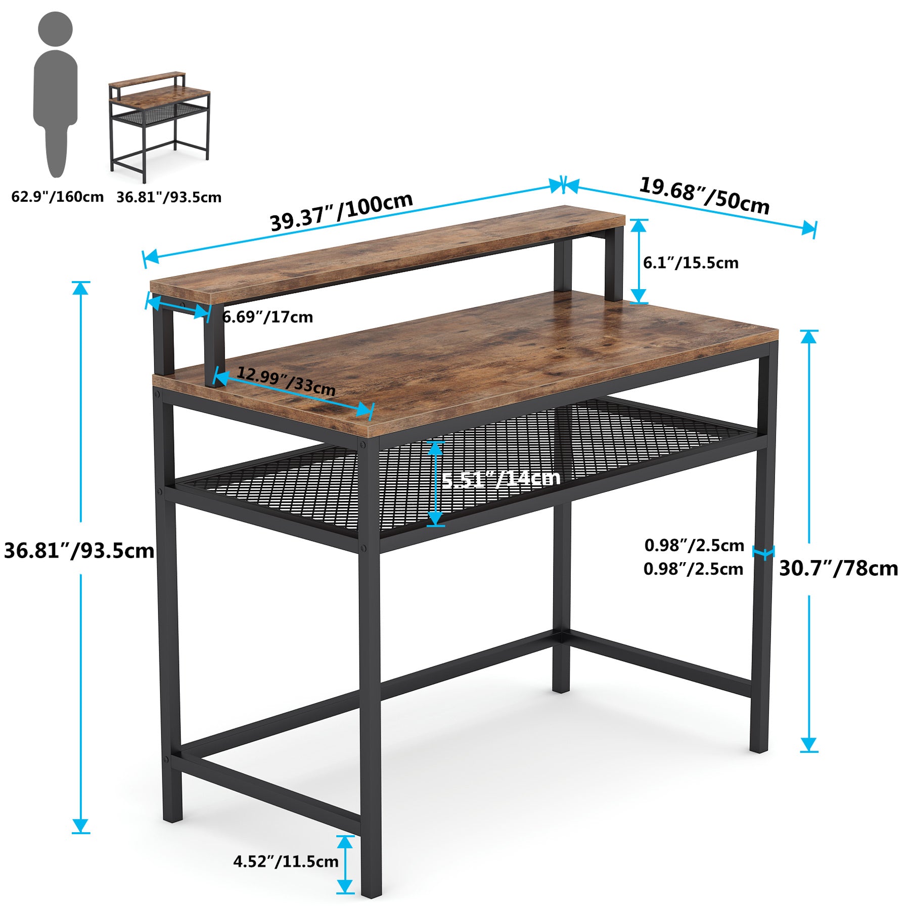 Industrial Computer Desk Writing Desk with Monitor Stand