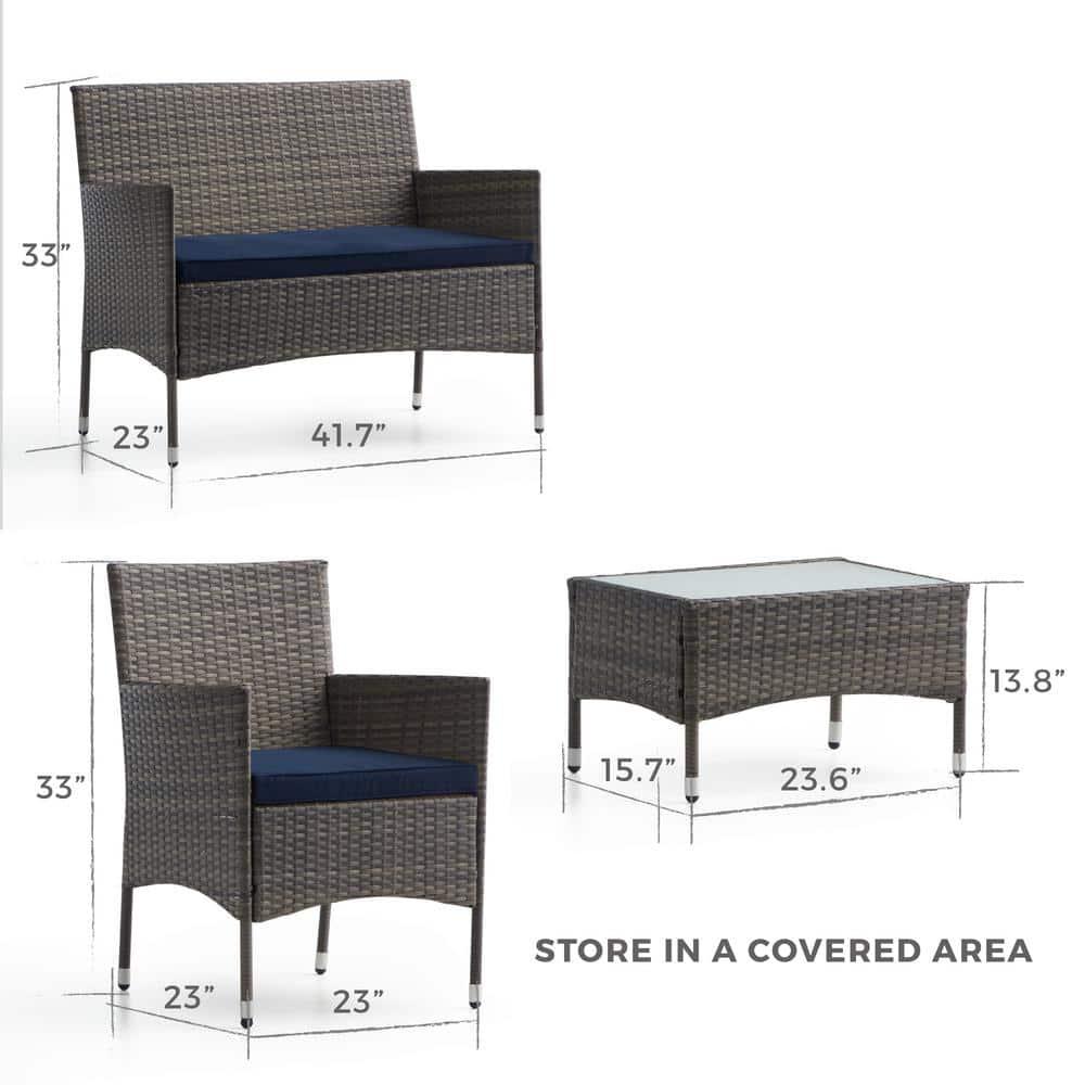 Brookside Iris Gray 4Piece Rattan Outdoor Conversation Seating Set and Patio Table with Navy Cushions