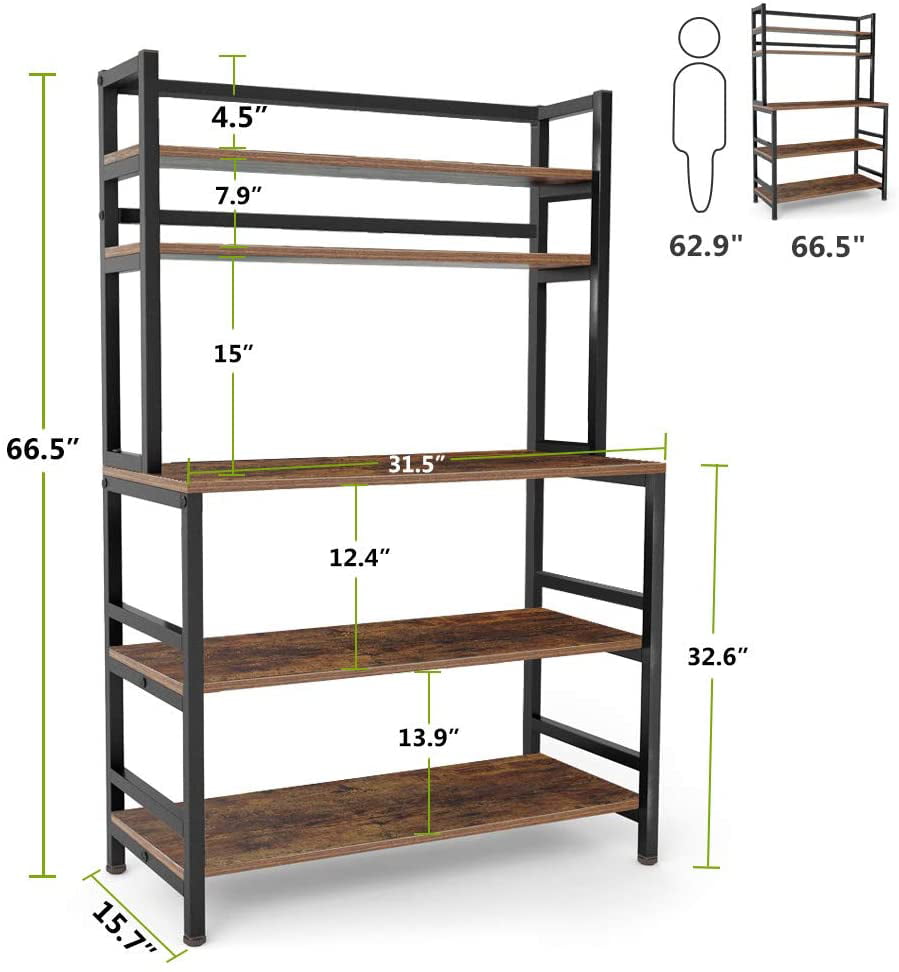 Tribesigns 5-Tier Kitchen Bakers Rack with Hutch， Industrial Microwave Oven Stand， Free Standing Kitchen Utility Cart Storage Shelf Organizer (Rustic Brown)