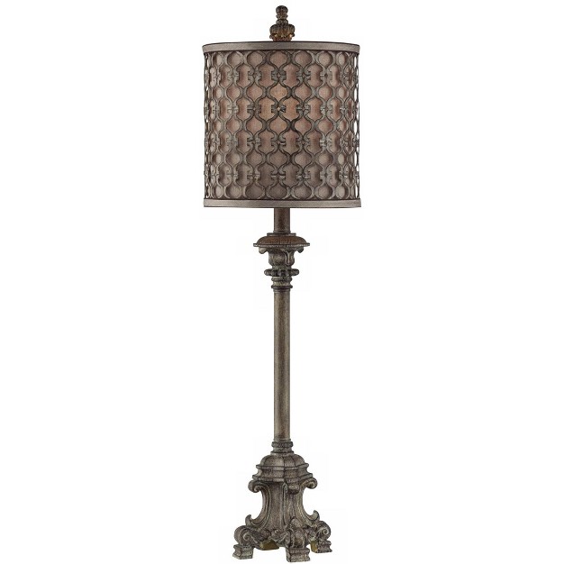 Regency Hill French Buffet Table Lamp Beige Scroll Metal Lattice Candlestick Framed Cylinder Shade For Dining Room