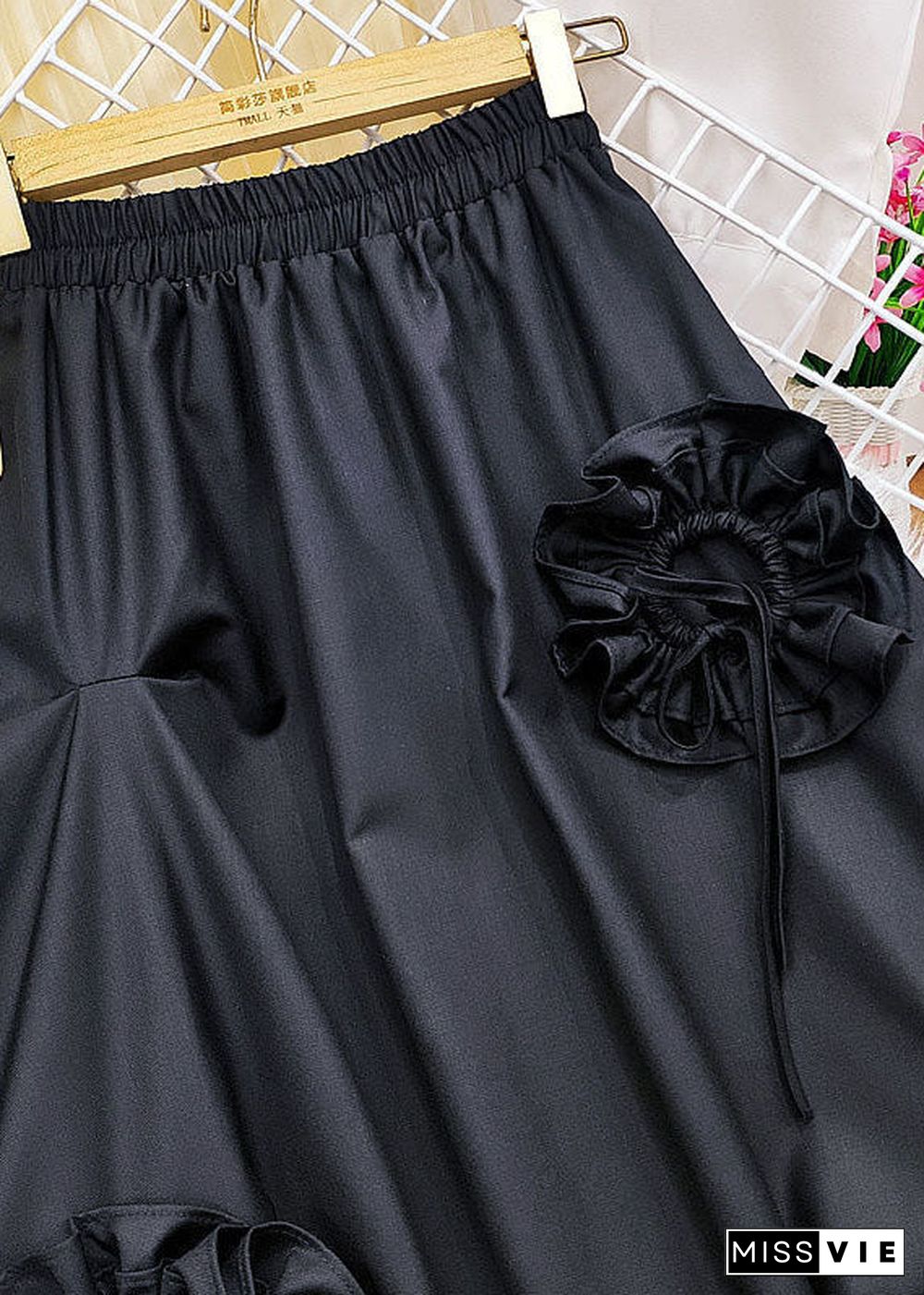 Classy Black Elastic Waist Cinched Cotton Skirt Spring