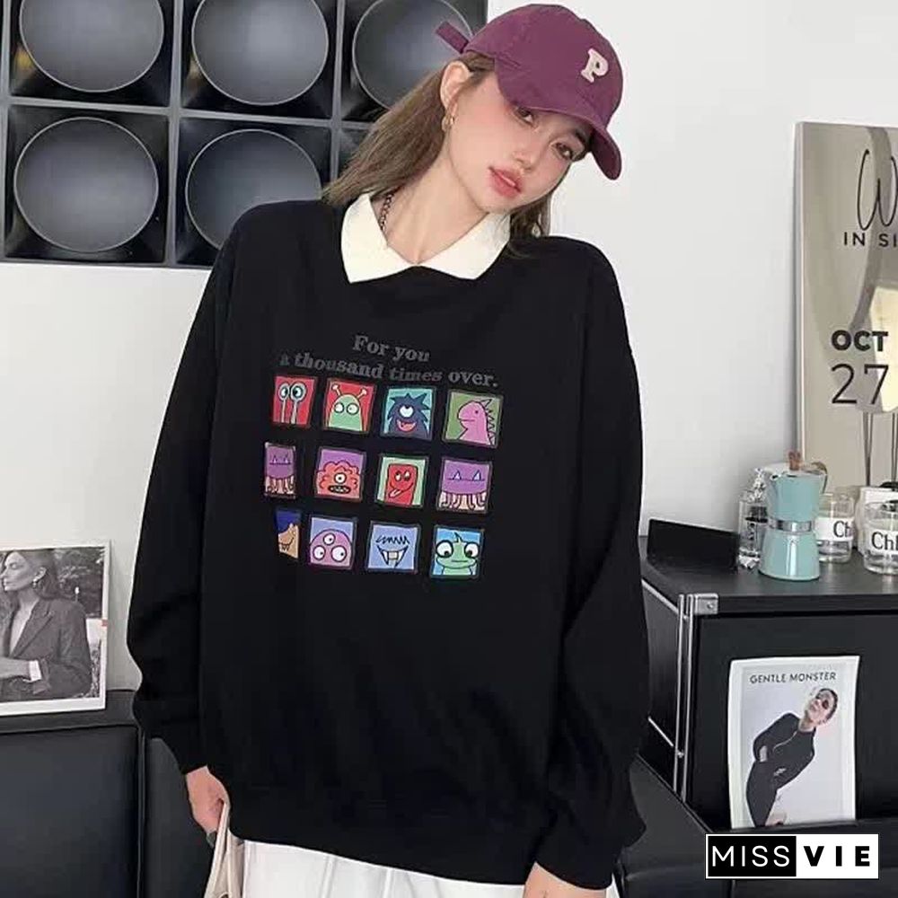 Cartoon Letter Print Long Sleeve Lapel Sweatshirt