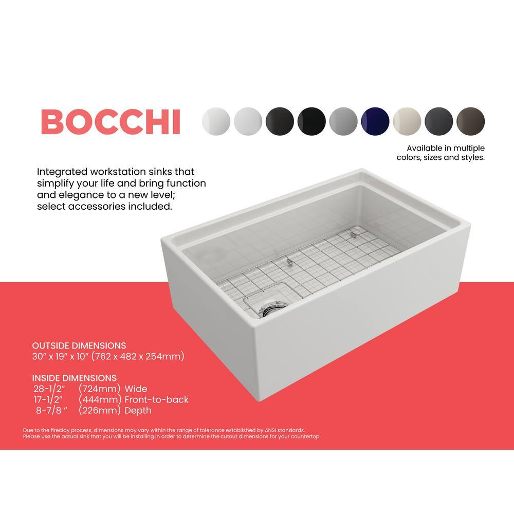 BOCCHI Step-Rim White Fireclay 30 in. Single Bowl Farmhouse Apron Front Workstation Kitchen Sink w Accessories 1344-001-0120