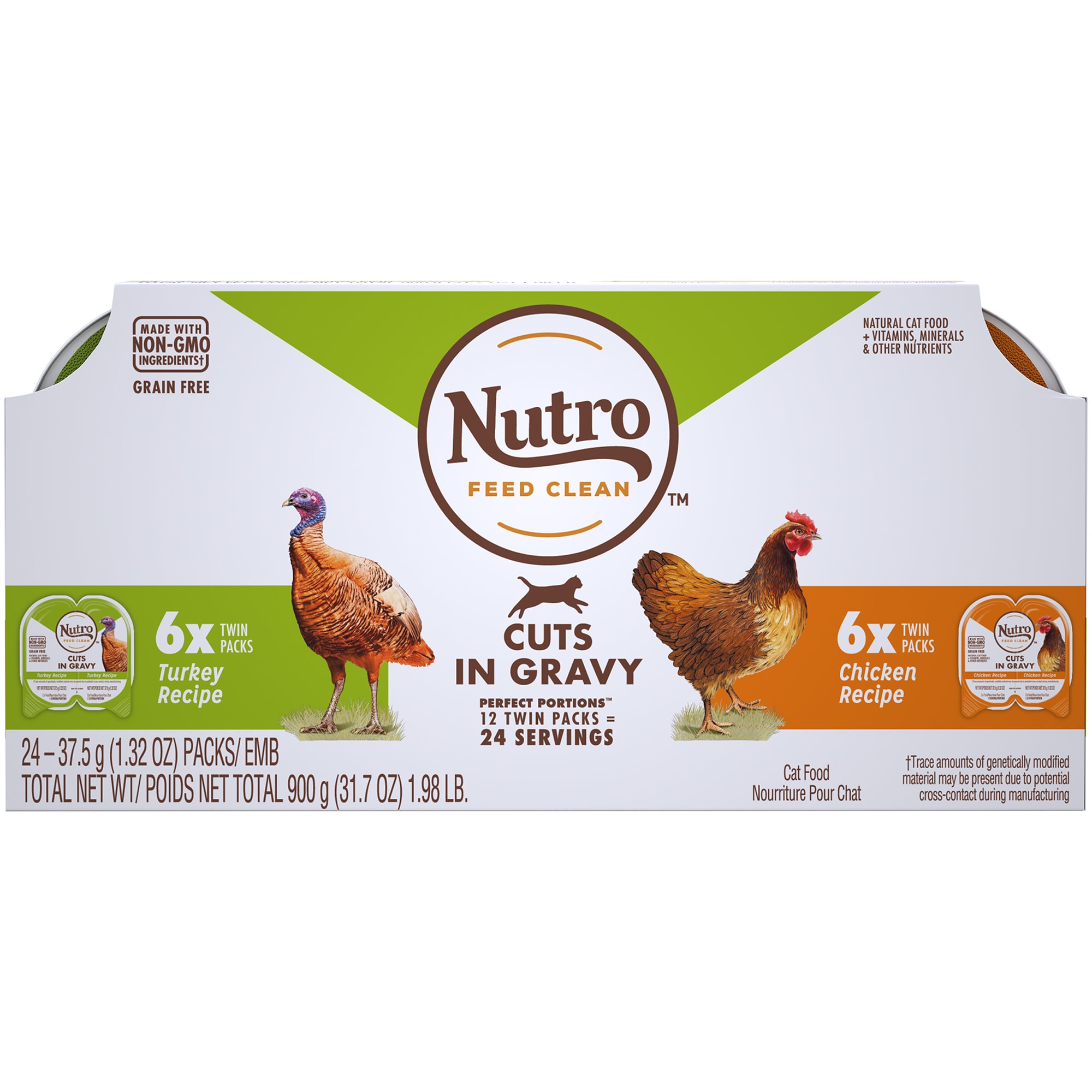 Nutro Perfect Portions Cuts in Gravy Variety Pack Real Turkey and Chicken Wet Cat Food， 1.98 lbs.， Count of 12