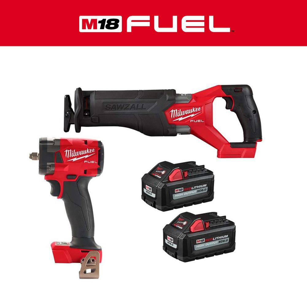 MW M18 FUEL GEN-2 18-Volt Lithium-Ion Brushless Cordless SAWZALL w38 in. Impact Wrench wF Ring Two 6 Ah HO Batteries 2821-20-2854-20-48-11-1862