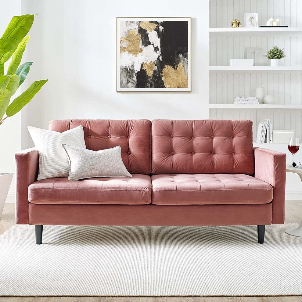 Mid Century Sofa  Velvet Upholstery With Button Tufted Seat  ampBack   Traditional   Sofas   by Declusia  Houzz