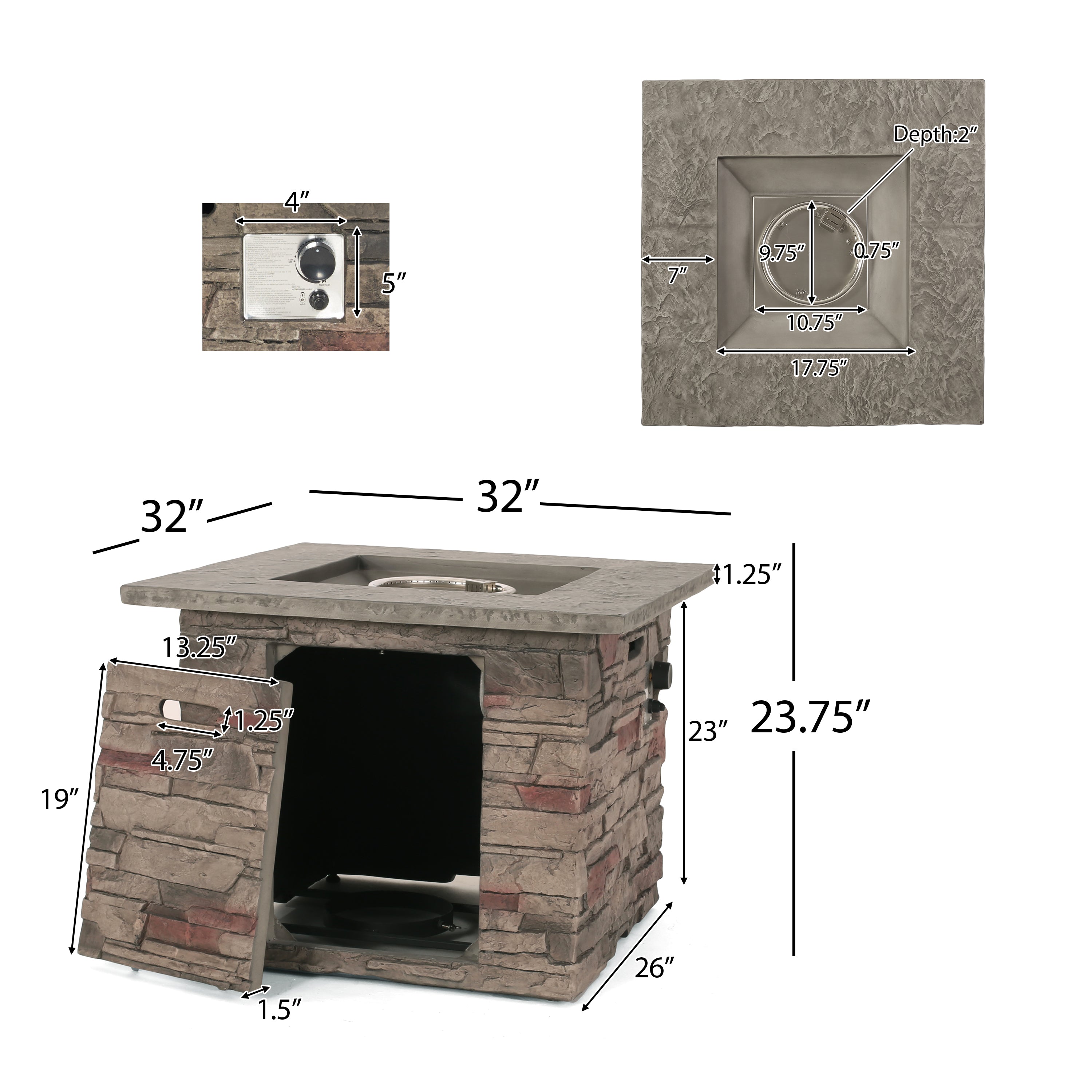 Heritage 32-inch Stone Square MGO Fire Pit - 40,000 BTU