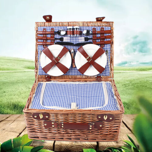 4 Person Insulated Picnic Basket Set Wicker Basket Camping Outdoor 19pcs