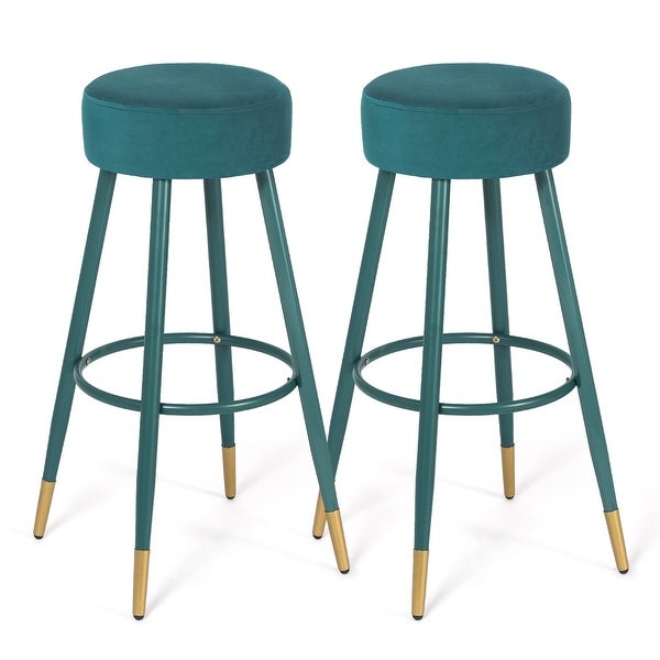 Adeco Velvet Bar Stools， Set of 2 Round Upholstered Breakfast Stools Footrest - 20.5