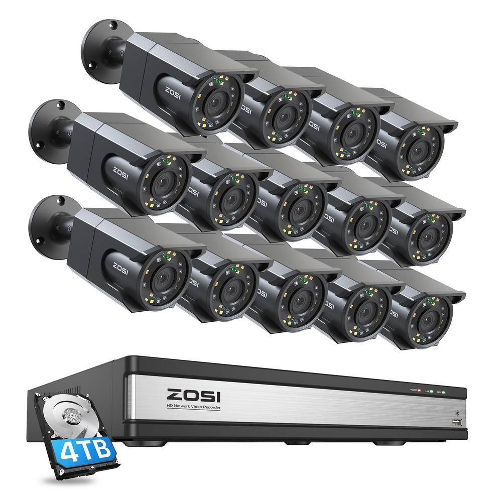 ZOSI 16-Channel 8MP 4K PoE 4TB NVR Security Camera System with 14 Wired Spotlight Cameras Human Detection Audio Recording 16HK-1058B14-40-US-A2