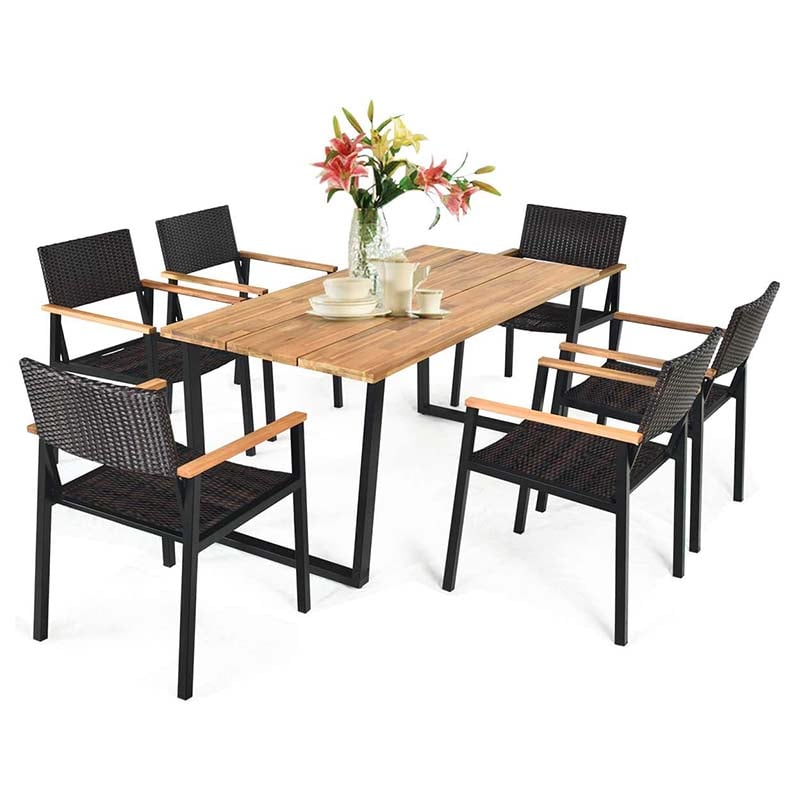 Canada Only - 7 Pcs Rattan Patio Dining Furniture Table Set with Wicker Chairs